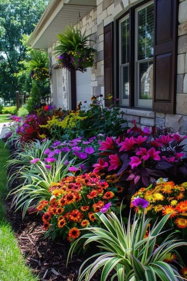 colorful flowers line the side of a house