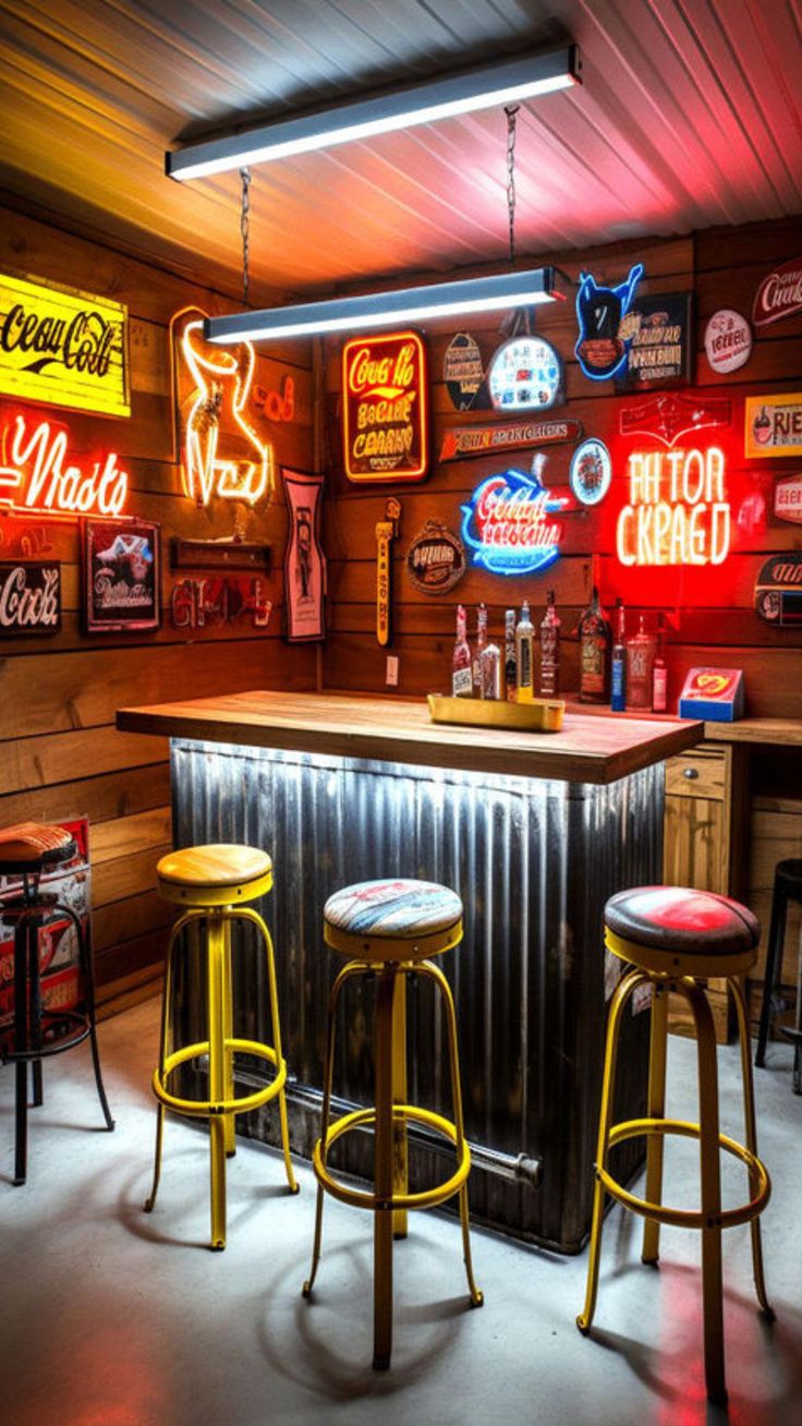 an image of a bar with neon signs on the wall and stools in front