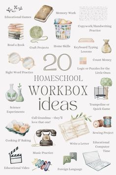 a poster with the words 20 homeschool workbox ideas