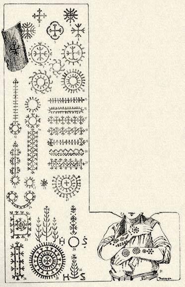 an old drawing with many different designs on the back of it, including crosses and other decorative elements