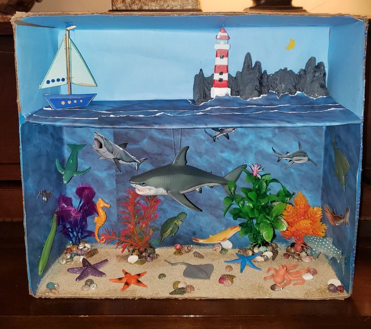 an ocean scene made out of cardboard with sea animals and fish in the bottom half