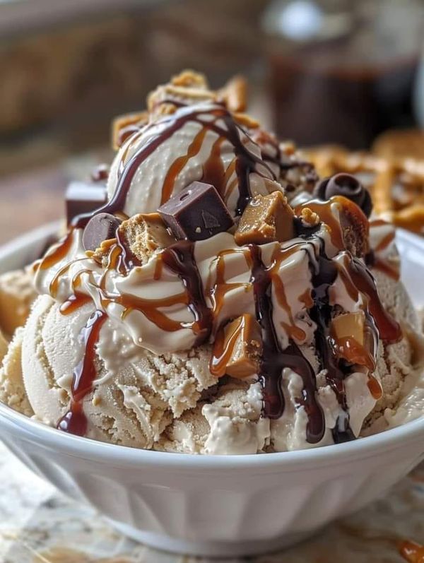 a bowl filled with ice cream covered in chocolate sauce and caramel drizzle