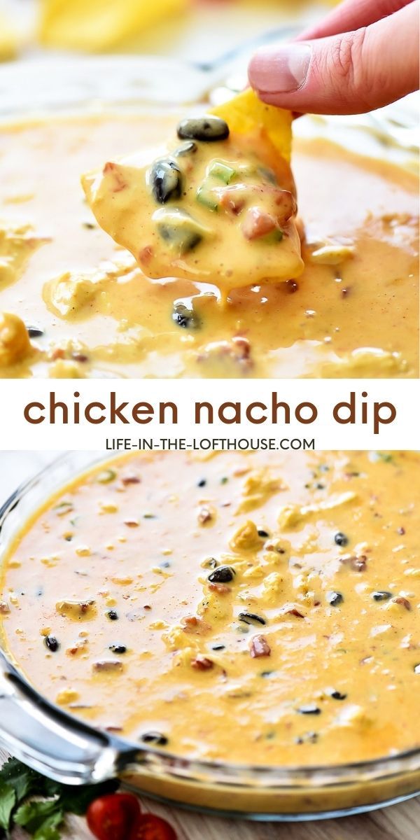 chicken nacho dip in a glass bowl with a tortilla chip being dipped into it