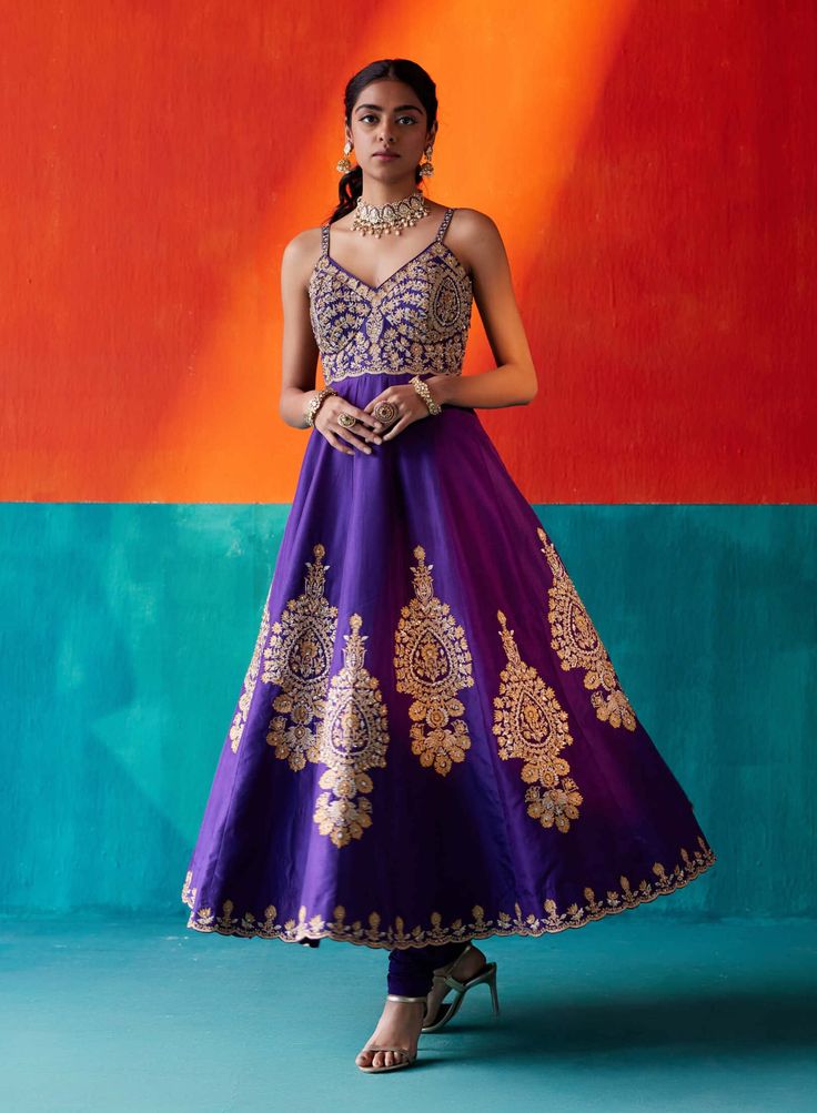 Dress in timeless grace with this purple anarkali set, featuring floral embroidery adorned with various embellishments. The set is paired seamlessly with complementing pants and an embroidered dupatta, creating a sophisticated ensemble that exudes elegance and intricate detailing, perfect for special occasions. Purple Anarkali, Embroidered Anarkali, Embroidered Dupatta, Scallop Hem, Dupion Silk, Silk Organza, Silk Embroidery, Fashion App, Scalloped Hem