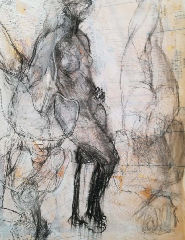 an abstract drawing of two people sitting on a chair and one person standing in the background