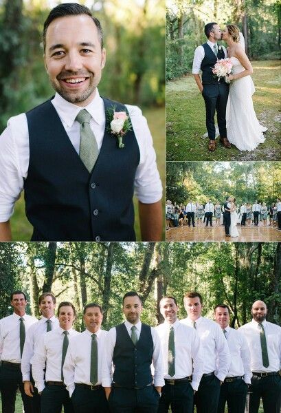 a group of people standing next to each other in front of trees and grass with flowers