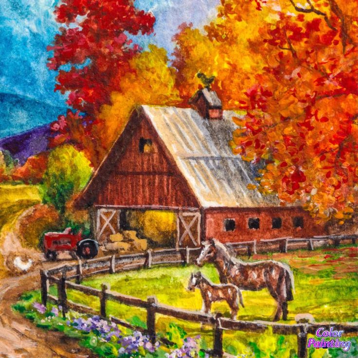 a painting of two horses standing in front of a barn with autumn leaves on the trees