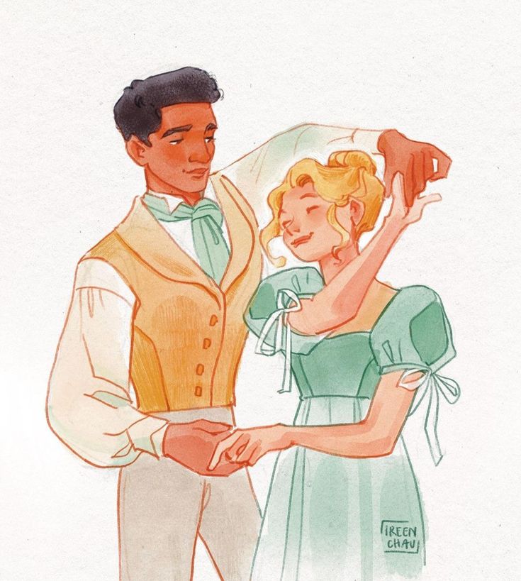 a drawing of a man and woman dressed in period clothing