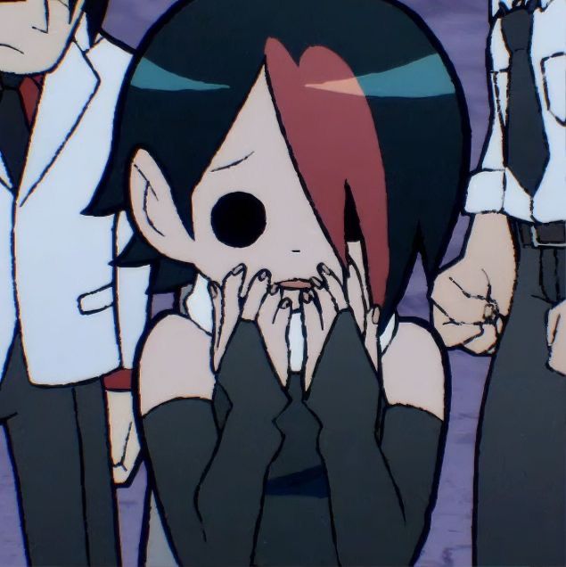 an anime character covering her face in front of two other people with their hands on their faces