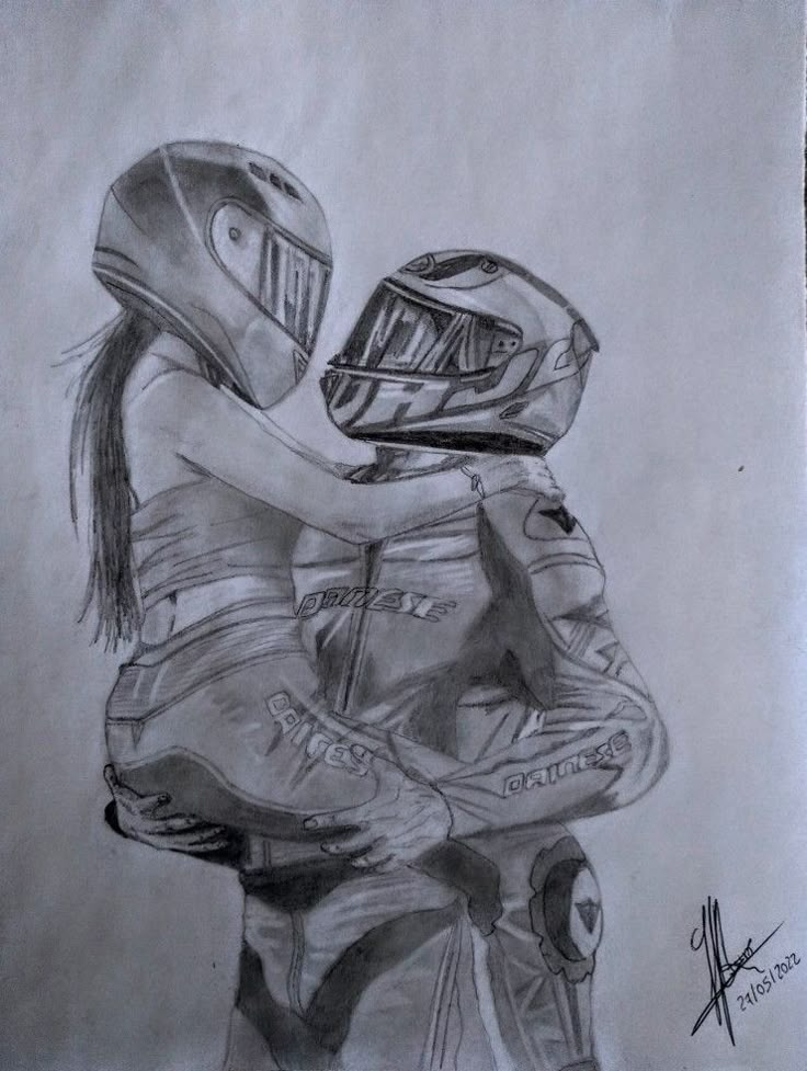 a drawing of two people hugging each other with helmets on their heads and hands behind them