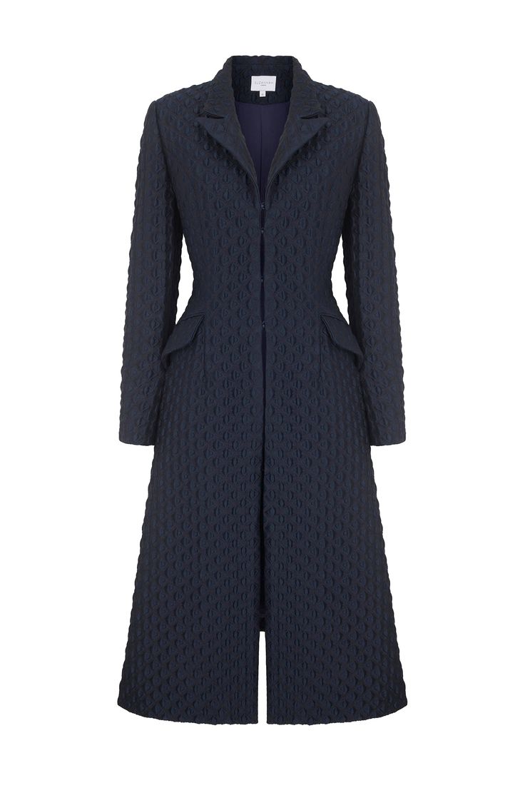 Modern Tux Coat Diamond Cloqué Luxury Black Modern Wool Coat, Luxury Chic Slim Fit Pants, Luxury Winter White Wool Coat For Work, Luxury Navy Long Sleeve Peacoat, Luxury Navy Double-breasted Pea Coat, Suzannah London, Blue Clematis, Black Slim Pants, Blue Winter Coat