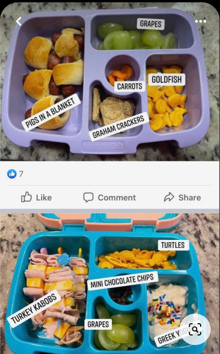 two plastic containers filled with food on top of a counter