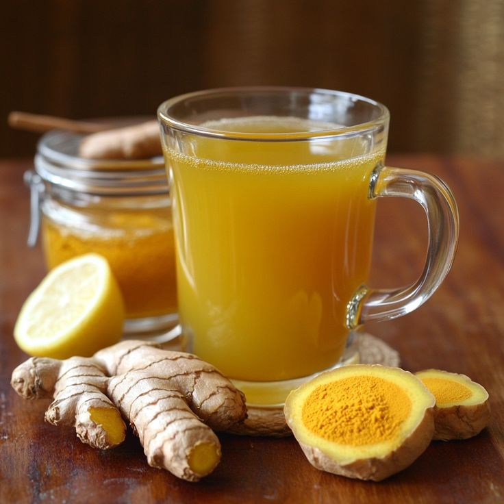 a glass cup filled with liquid next to sliced ginger