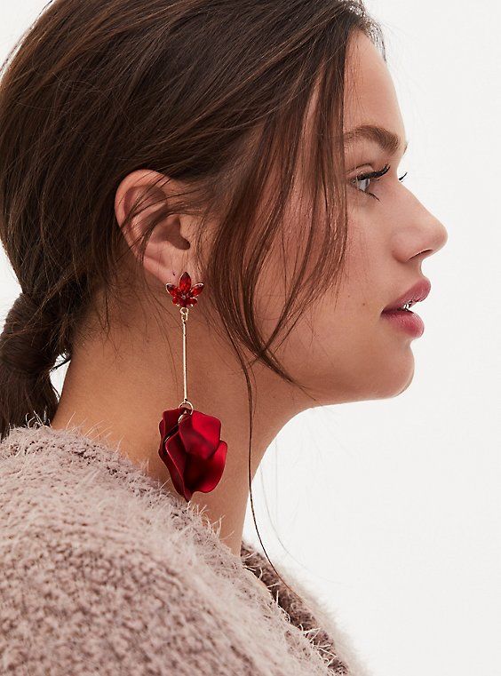 These beautiful earrings end in a collection of petals making these drop earrings a standout for any occasion. Post backs. Base metal. Imported. The best plus size women's red floral petal drop statement earrings in red. Torrid is your destination for cozy fall and winter clothes to keep you warm and comfortable. Flower-shaped Earrings For Valentine's Day, Flower Shaped Earrings For Valentine's Day, Red Flower Shaped Earrings For Spring, Rose Red Flower Drop Earrings, Rose Red Flower-shaped Earrings, Red Drop Earrings For Spring, Red Flower-shaped Earrings For Spring, Red Flower Earrings For Party, Elegant Red Flower Earrings For Spring