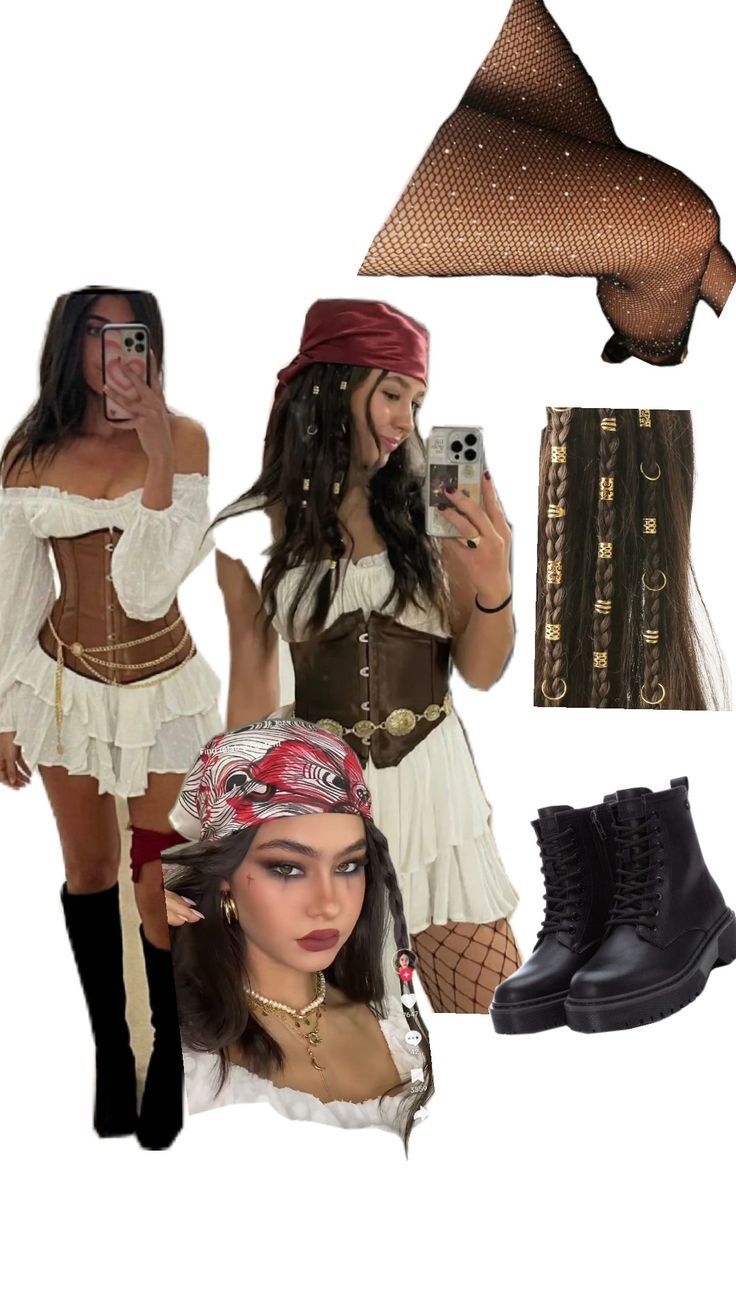 two women dressed up in pirate costumes and boots, one is taking a selfie