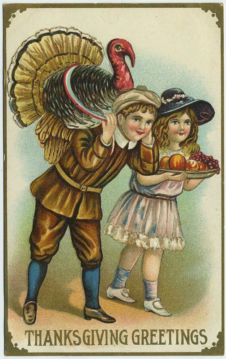 an old thanksgiving postcard with two children and a turkey