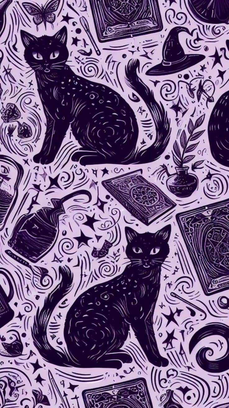 a purple background with black cats and books