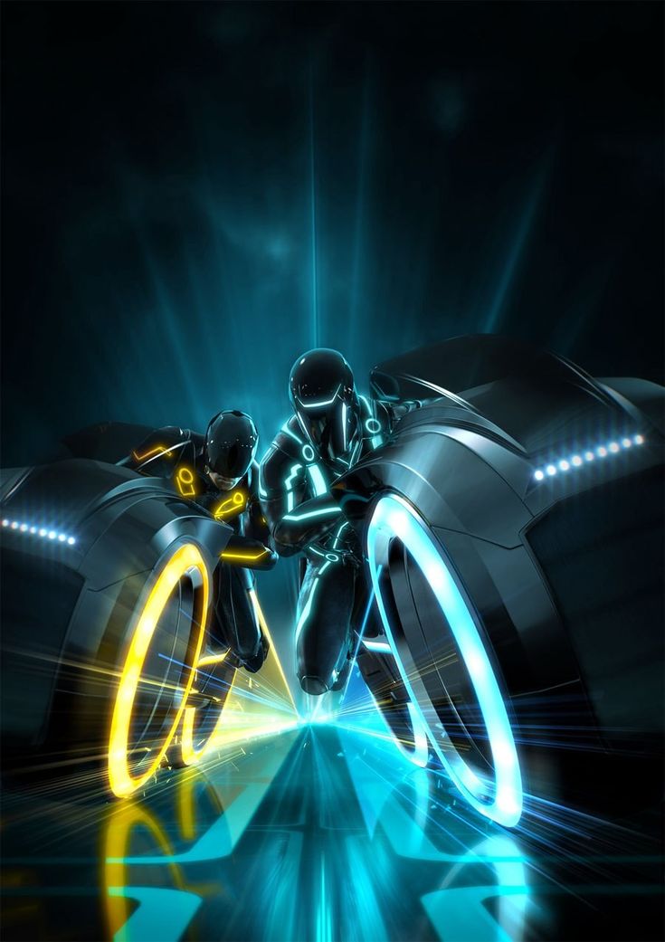 a man riding on the back of a motorcycle in front of a neon light tunnel