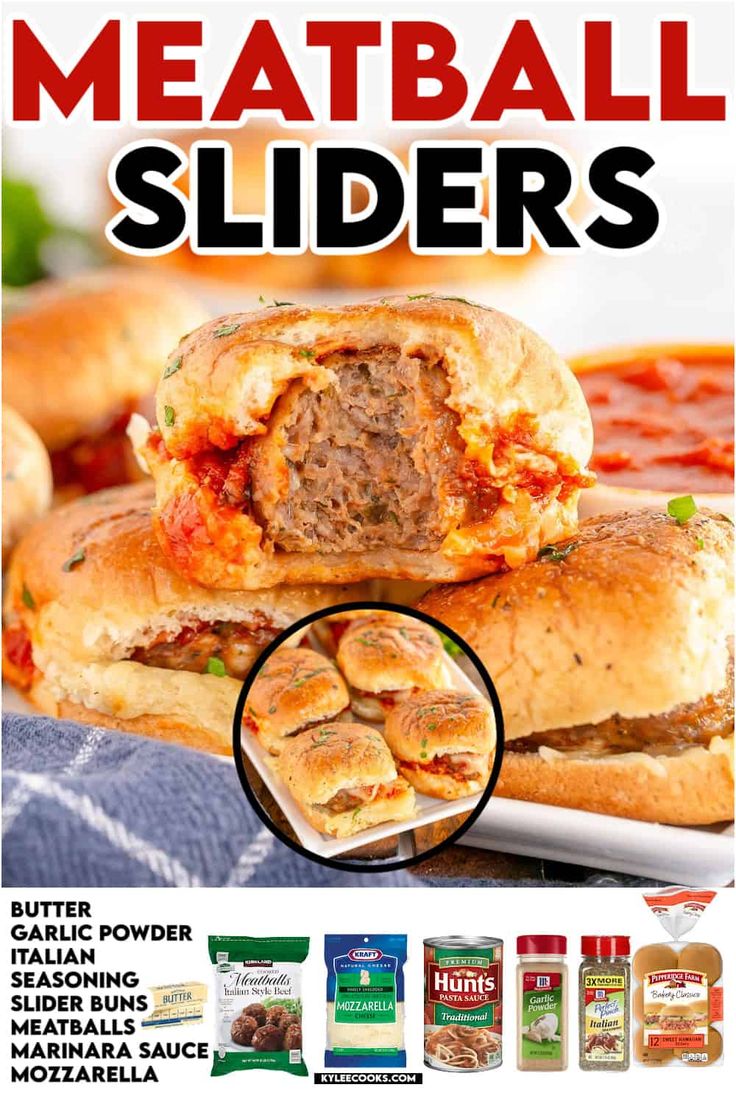 an advertisement for meatball sliders is shown in the middle of this image with text