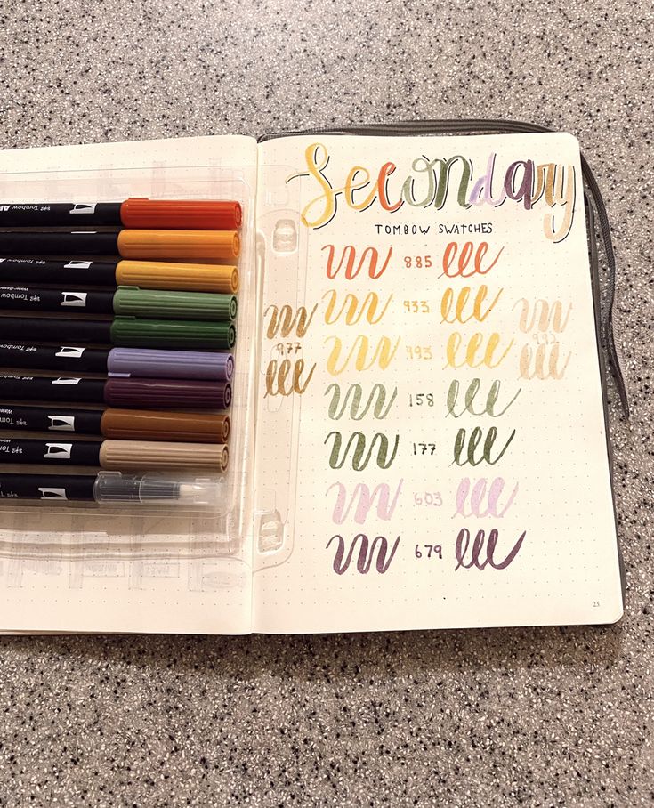 Tombow dual brush pen secondary swatches in bullet journal Tombow Color Combinations, Tombow Brush Pen Aesthetic, Tombow Palette, Pen Swatches, Tombow Dual Brush Pen Color Combinations, How To Use Tombow Dual Brush Pens, Tombow Dual Brush Pen Swatches, Pen Test, Tombow Pens