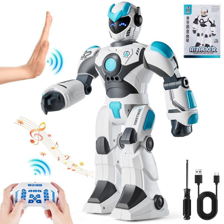 the robot is playing with his hands and music notes in front of him, while another person holds out their hand to touch it