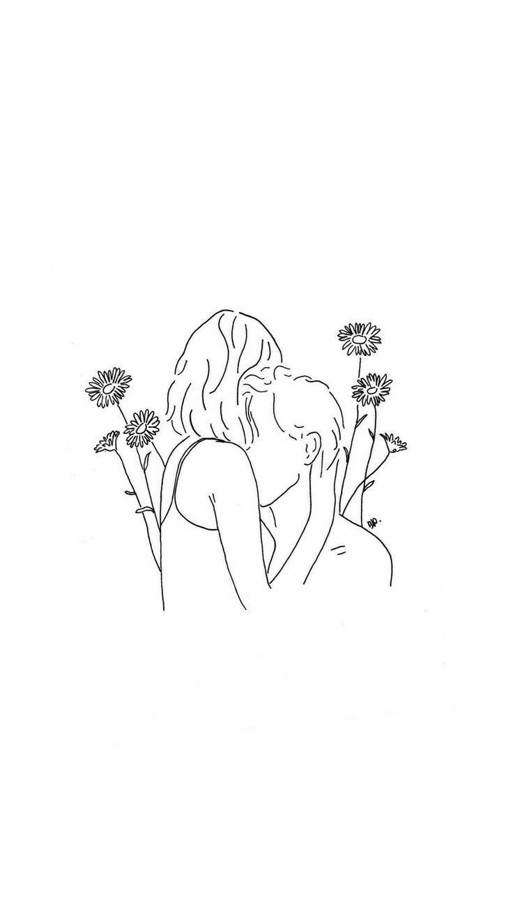 a black and white drawing of two people kissing in front of some wildflowers