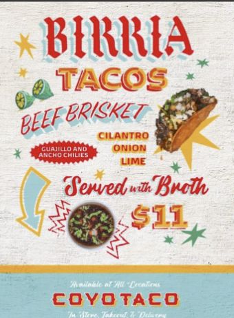 the menu for burritos and tacos is shown in red, white, and blue