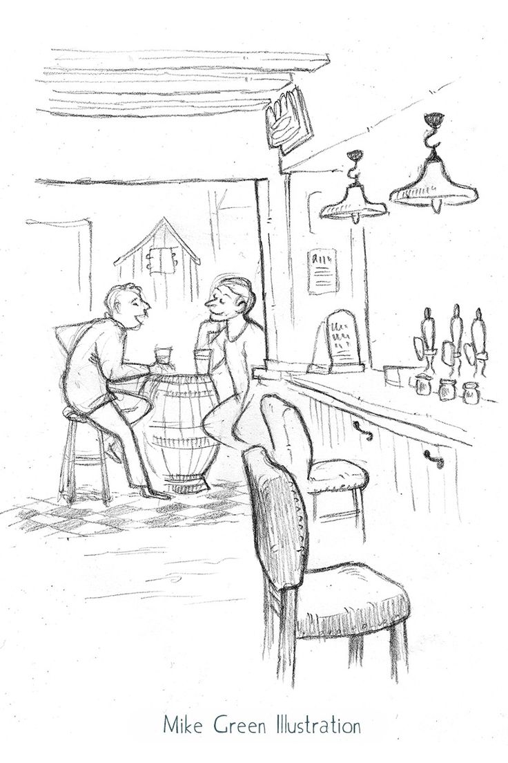 two men are sitting at the bar talking to each other drawing by mike green illustration