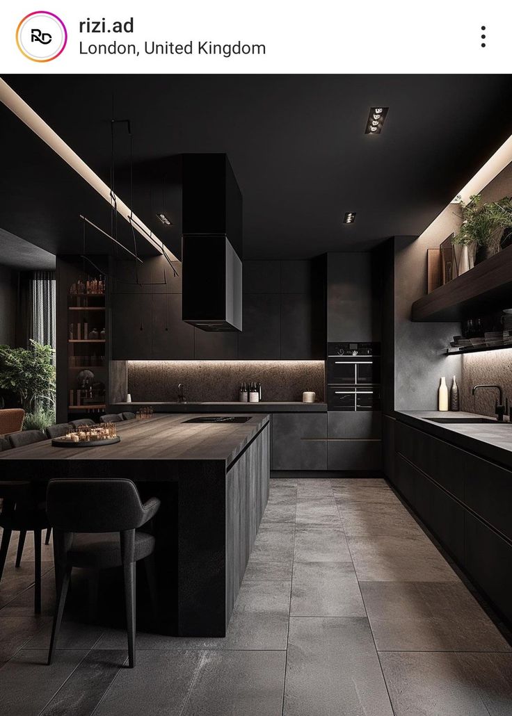 an image of a modern kitchen setting in black and grey tones with the text riz ad london, united kingdom