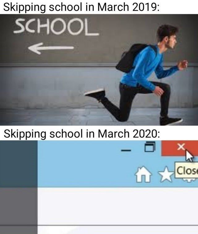 a man in blue shirt and black pants running next to a school sign with words on it