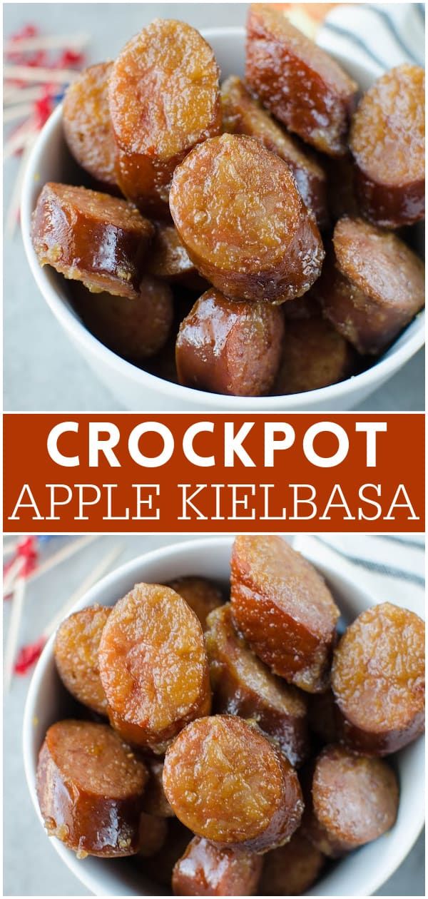 two bowls filled with crockpot apple kielbasa