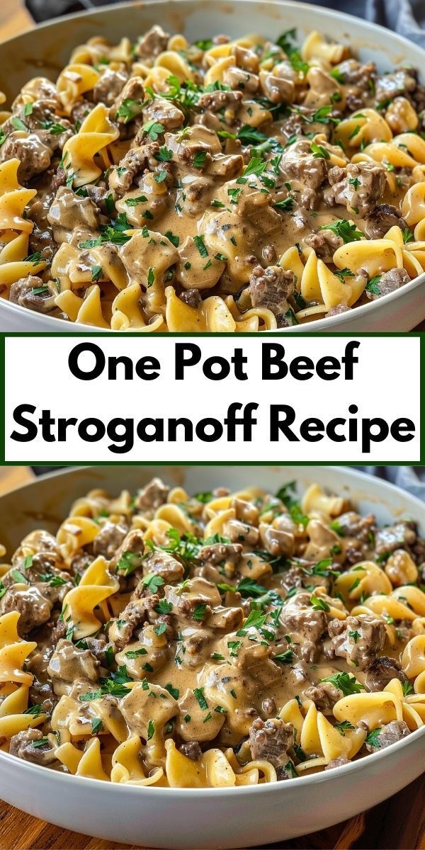 one pot beef stroganonoff recipe in a white dish with the title above it