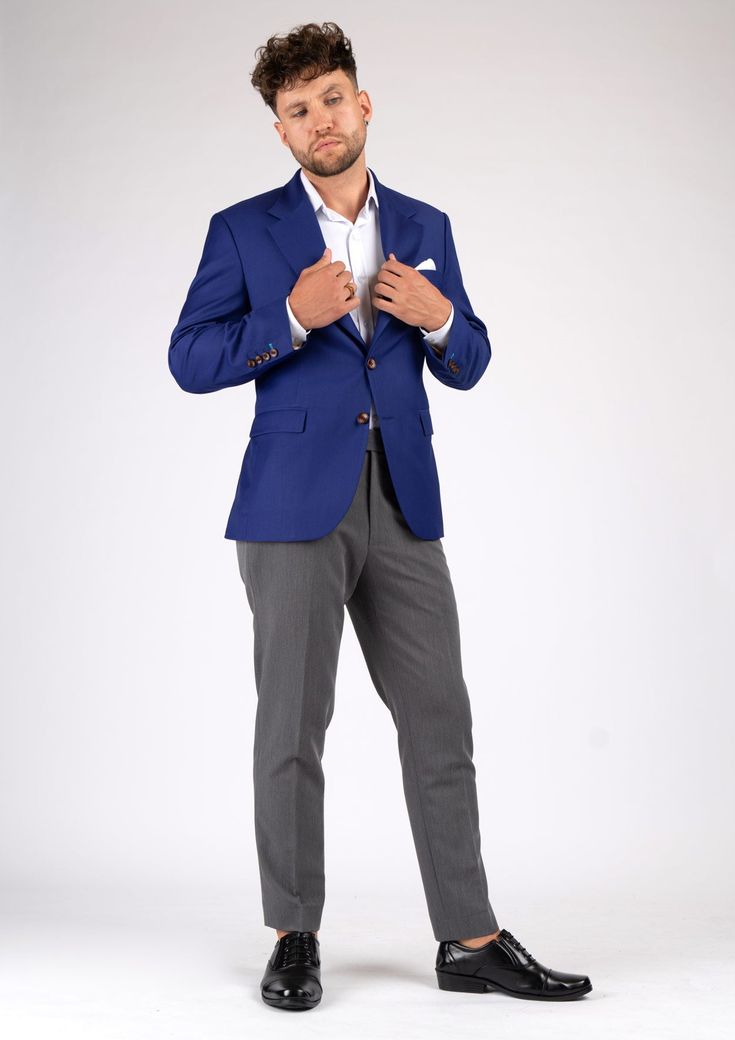 A distinct and striking look, the Ellis Royal Blue Twill jacket is custom made for those who want to make a statement. The vibrant color features a subtle hint of purple for a bold look. Exude confidence in this royal blue blazer. Luxury Royal Blue Blazer, Royal Blue Semi-formal Blazer, Formal Royal Blue Long-sleeve Outerwear, Royal Blue Velvet Blazer Men, Royal Blue Blazers, Tailored Royal Blue Single-breasted Blazer, Body Posture, Body Proportions, Twill Jacket