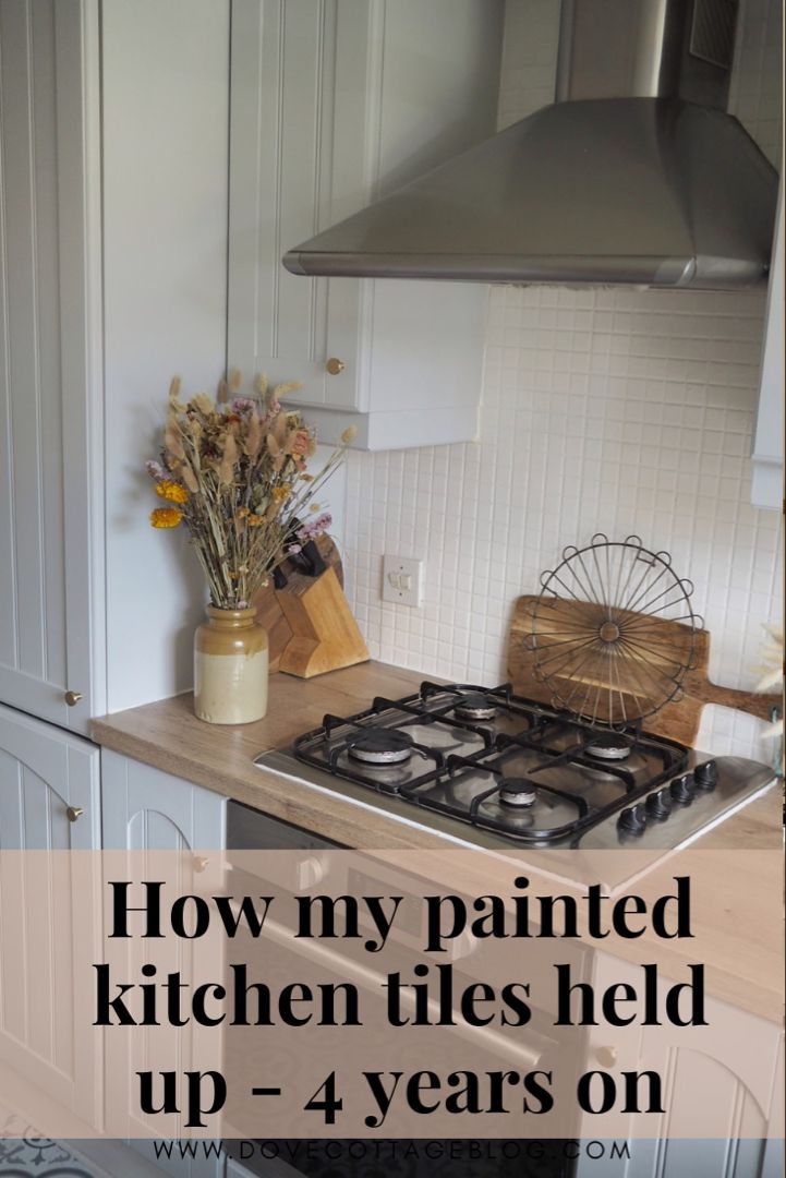 Painted kitchen tiles Paint Over Kitchen Tile Backsplash, Covering Kitchen Tiles, How To Cover Kitchen Wall Tiles, Kitchen Tile Stencil Backsplash, Painted Tile Splashback Kitchen, Painting Wall Tiles Kitchen, Diy Painted Tile Backsplash, How To Paint Tiles In Kitchen, Kitchen Tiles Painted