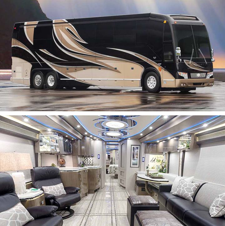 the interior and exterior of a luxury motor home