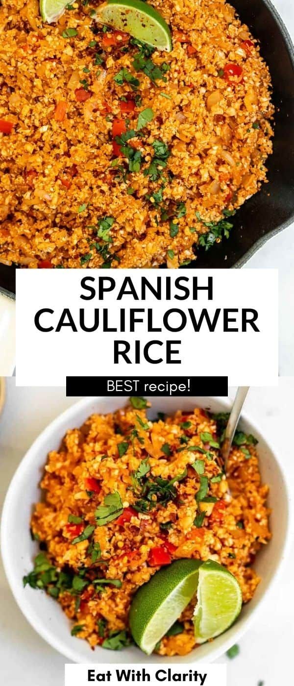 spanish cauliflower rice in a skillet with limes and cilantro