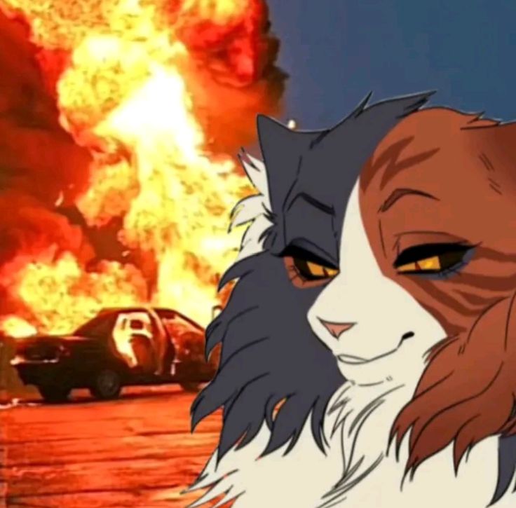 a cat with yellow eyes standing in front of a car on the street near a fire