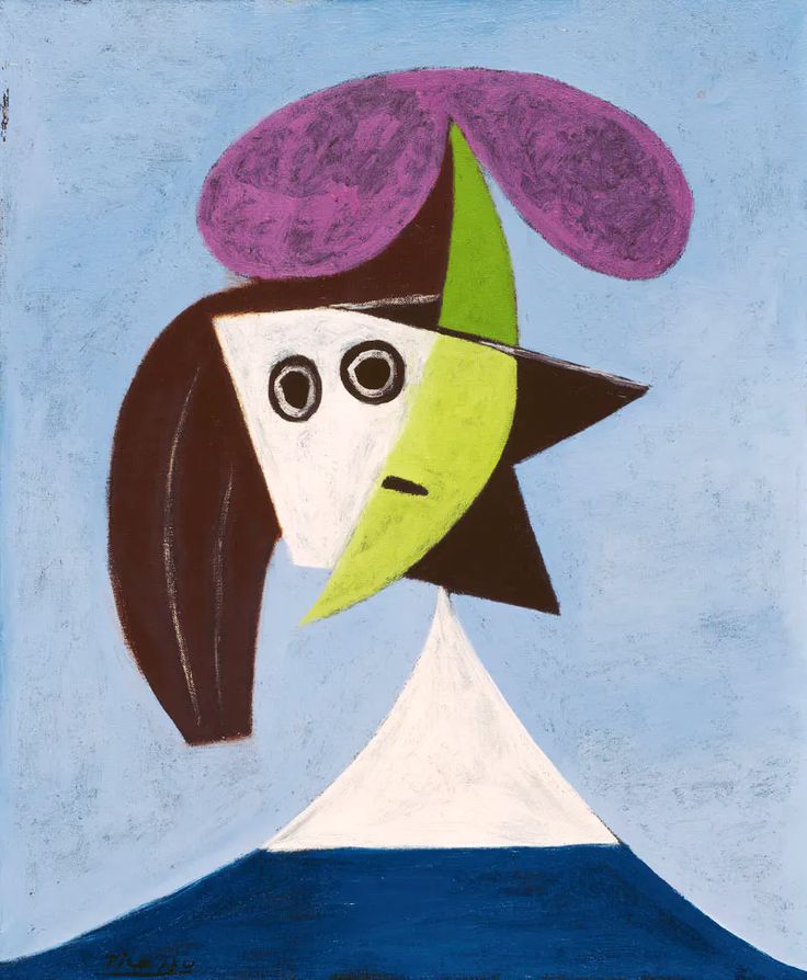 a painting of a woman's face with a purple hat and green leaves on her head