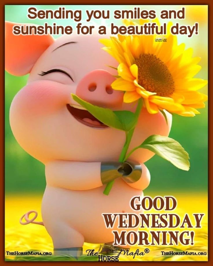 a pig holding a sunflower in its mouth with the caption, sending you smiles and sunshine for a beautiful day