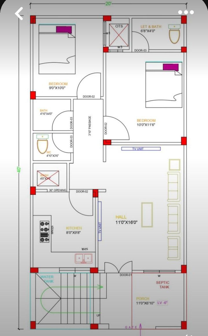 a drawing of a floor plan for a house with two rooms and an office area