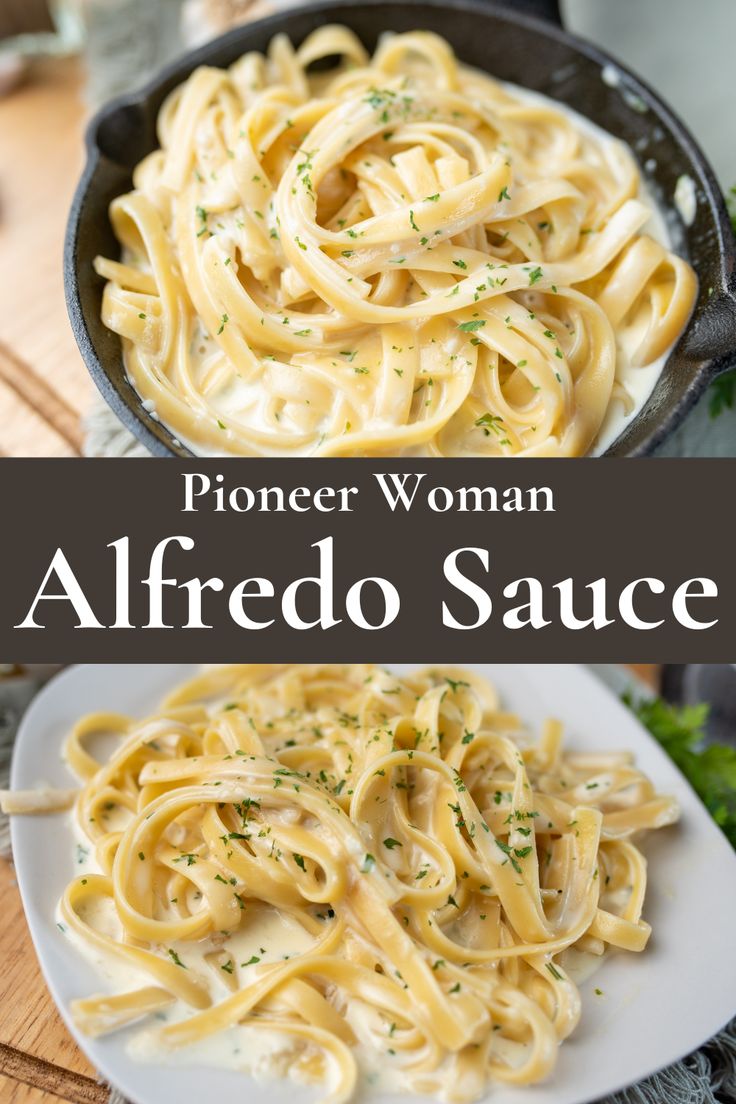 two plates of alfredo sauce on a wooden table with text overlay that reads, ploner woman alfredo sauce