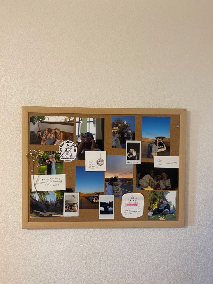 a bulletin board with pictures and magnets on it