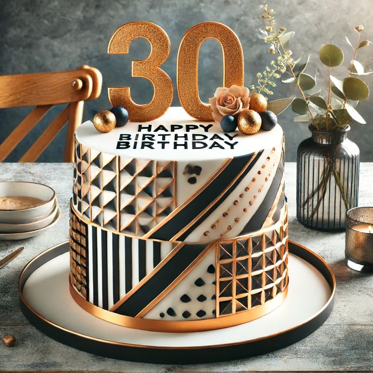 a 30th birthday cake decorated with gold and black decorations