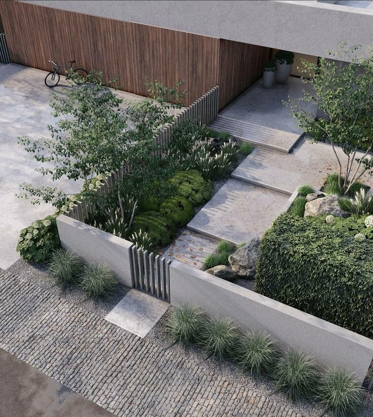 an aerial view of a modern garden design