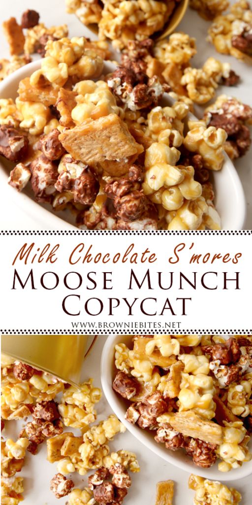 chocolate s'mores moose munch copycat recipe with text overlay that reads, milk chocolate s'mores moose munchi copycat