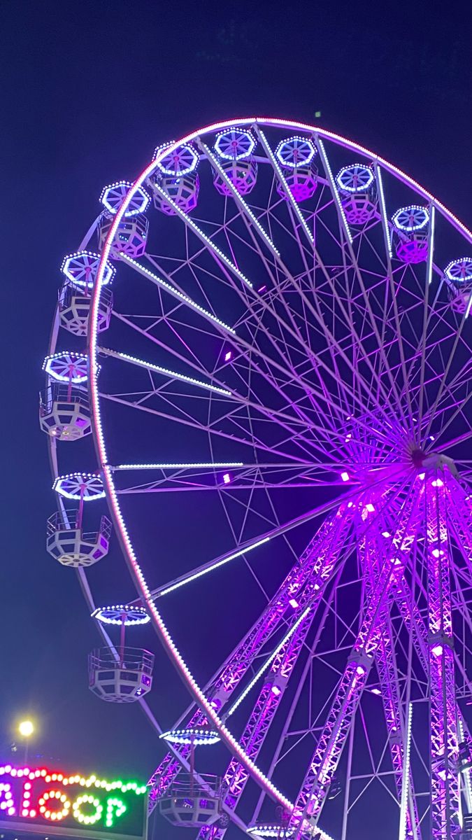 the ferris wheel is lit up at night