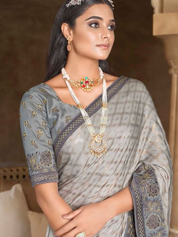 Karishma Silk Embroidered Work Designer Border Saree Soft easy to wear high quality silk fabric. Comes with unstitch blouse fabric. Elevate your wardrobe with our Karishma Silk Embroidered Work Designer Border Saree. Made from luxurious silk and adorned with delicate embroidery, this saree exudes elegance and sophistication. Perfect for any special occasion, this saree will make you stand out with its designer border. Traditional Indian Clothing, Tissue Silk Saree, Fancy Saree, Salwar Dress, Color Embroidery, Dress Salwar Kameez, Border Saree, Blouse Measurement, Lehenga Collection