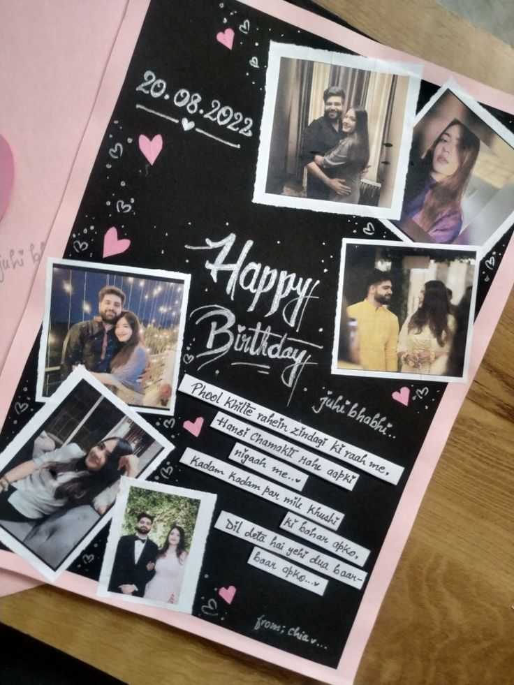 a birthday card with photos and hearts on it