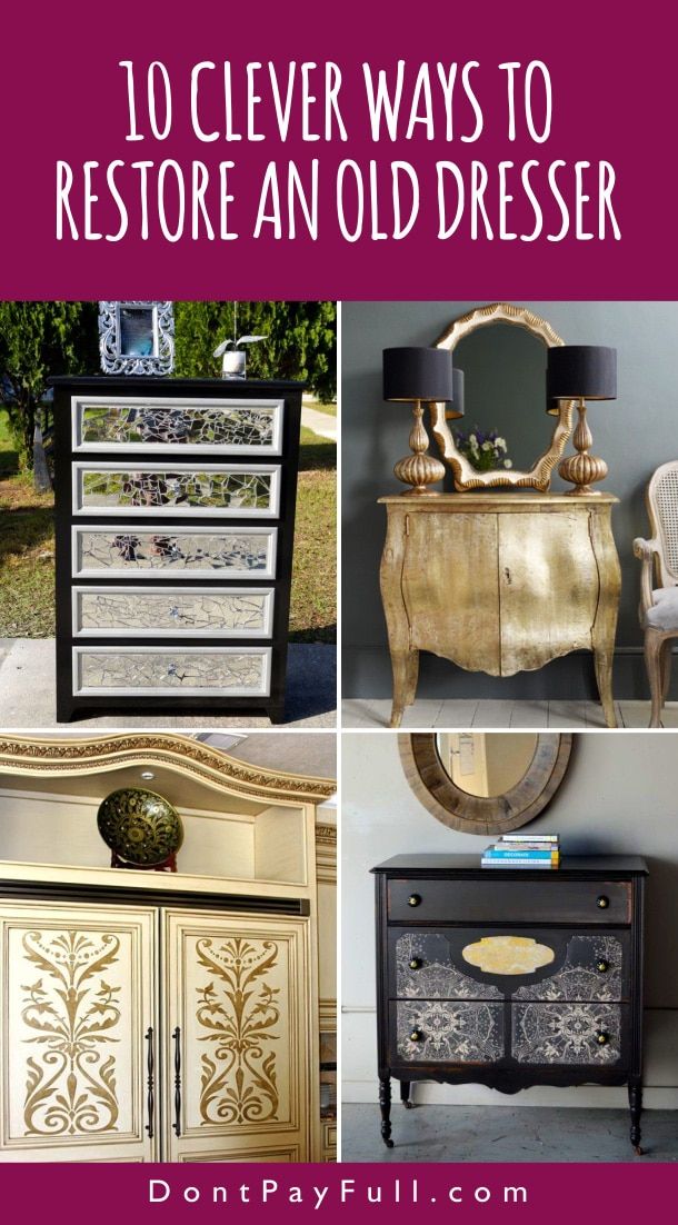 an old dresser has been painted gold and white with the words, 10 clever ways to restore