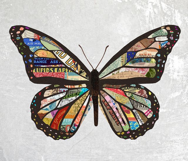 a butterfly made out of magazines on a white background with the words superstar written in it's wings